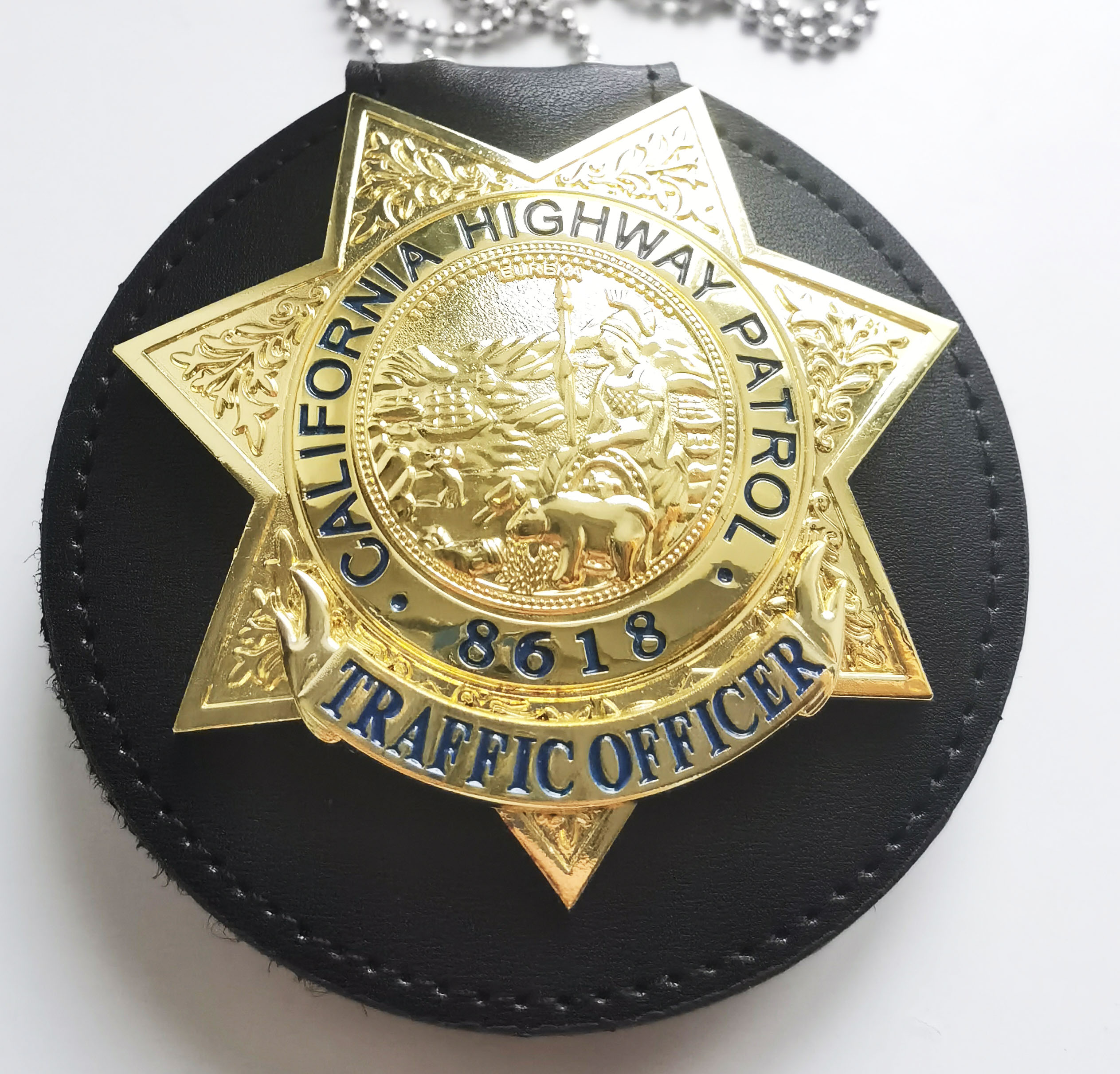 US California Highway Police Metal Badge NO.8618 Solid Copper Full Size + Badge  Clip + Chain - World Emblem